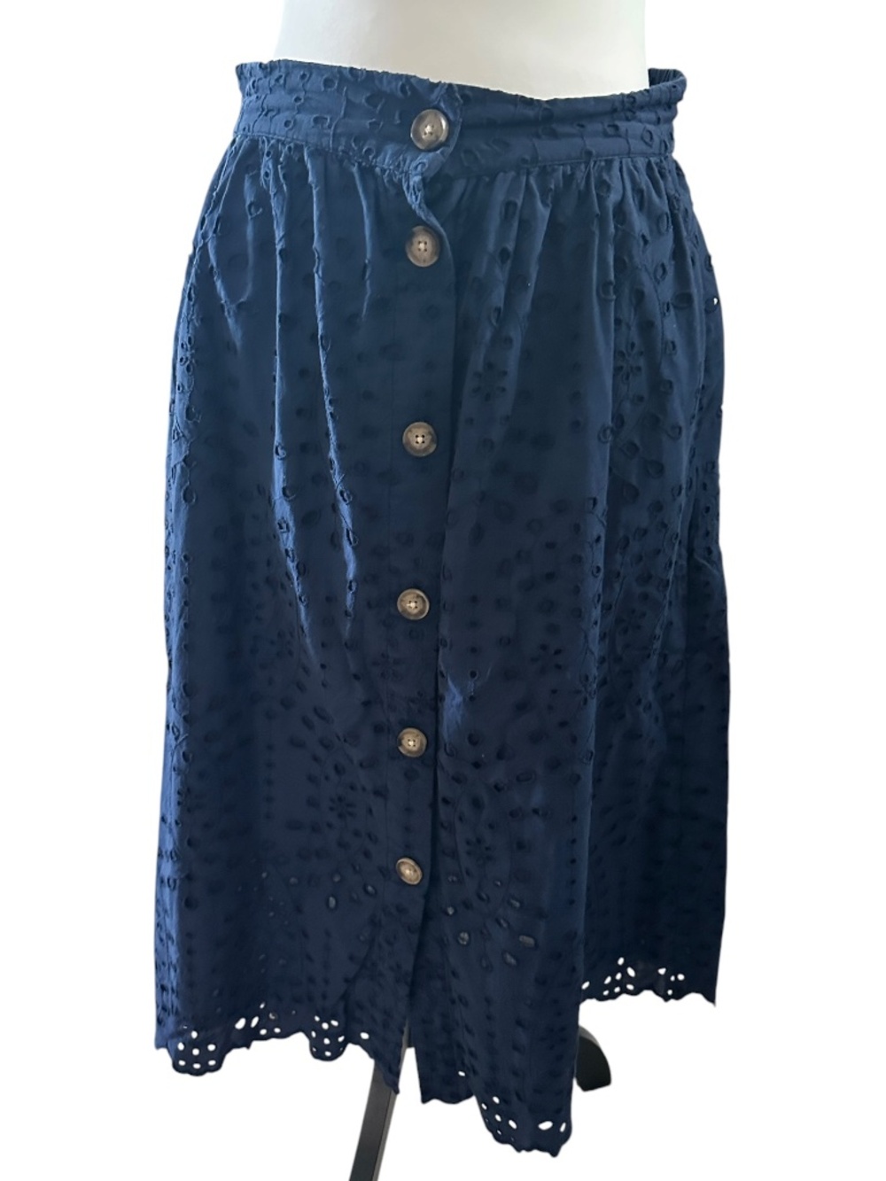 Ann Taylor LOFT Navy Blue Eyelet Pull On Brown Button Down Midi Skirt 4